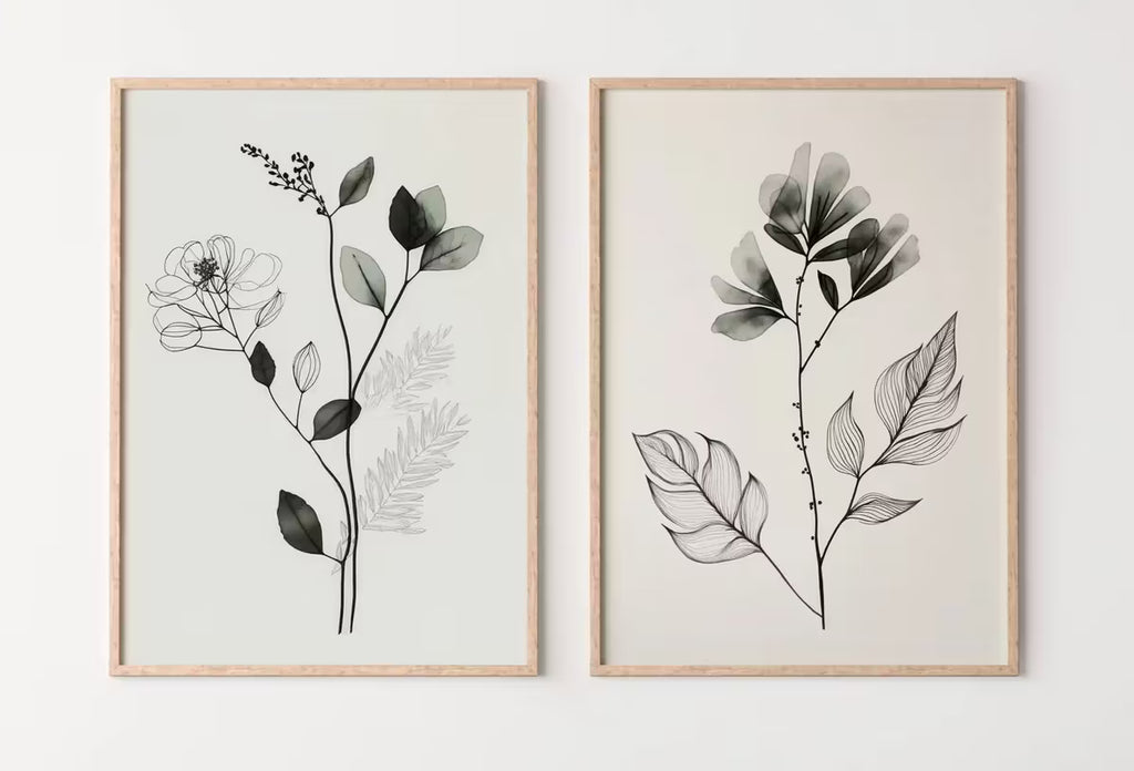 Botanical Prints Set of 2. Minimal Boho Floral Prints. Watercolor Sage Green Gallery Wall Art. Floral Printable Art Wild Flower Bouquet Art – Printable Wall Art Set