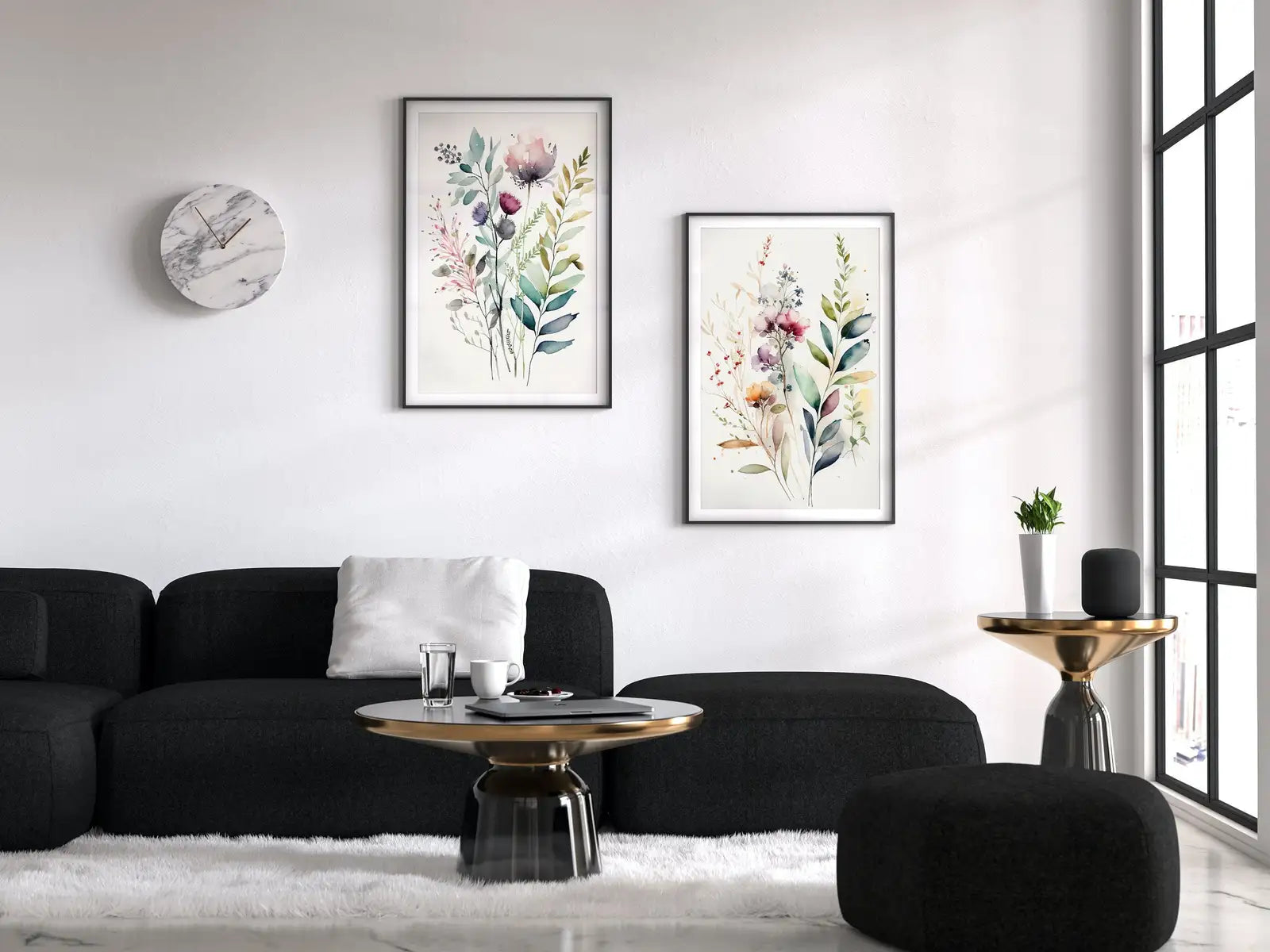 Ensemble de deux impressions botaniques : Art mural aquarelle pour une galerie, art floral imprimable, bouquet de fleurs sauvages, impressions florales bohèmes minimalistes.