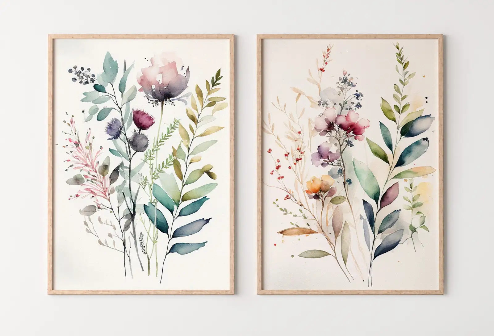 Ensemble de deux impressions botaniques : Art mural aquarelle pour une galerie, art floral imprimable, bouquet de fleurs sauvages, impressions florales bohèmes minimalistes.