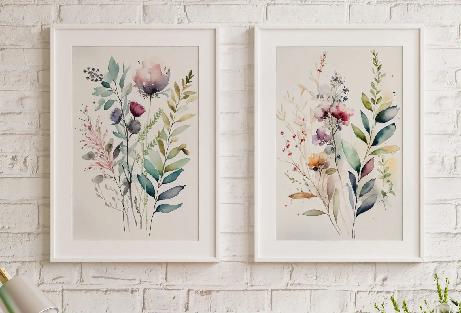 Ensemble de deux impressions botaniques : Art mural aquarelle pour une galerie, art floral imprimable, bouquet de fleurs sauvages, impressions florales bohèmes minimalistes.