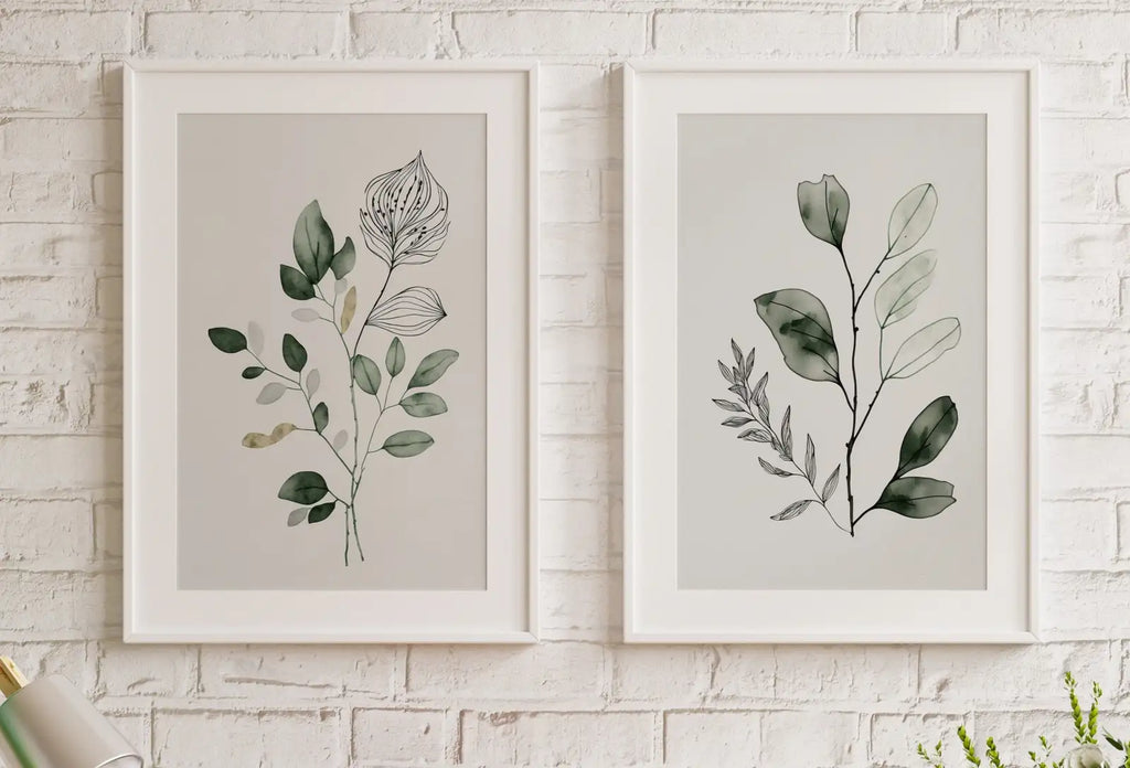 Framed view of Botanical Prints Set of 2. Watercolor Sage Green Gallery Wall Art. Floral Printable Art Wild Flowers Bouquet Art. Minimal Boho Floral Prints – printable wall art digital download.