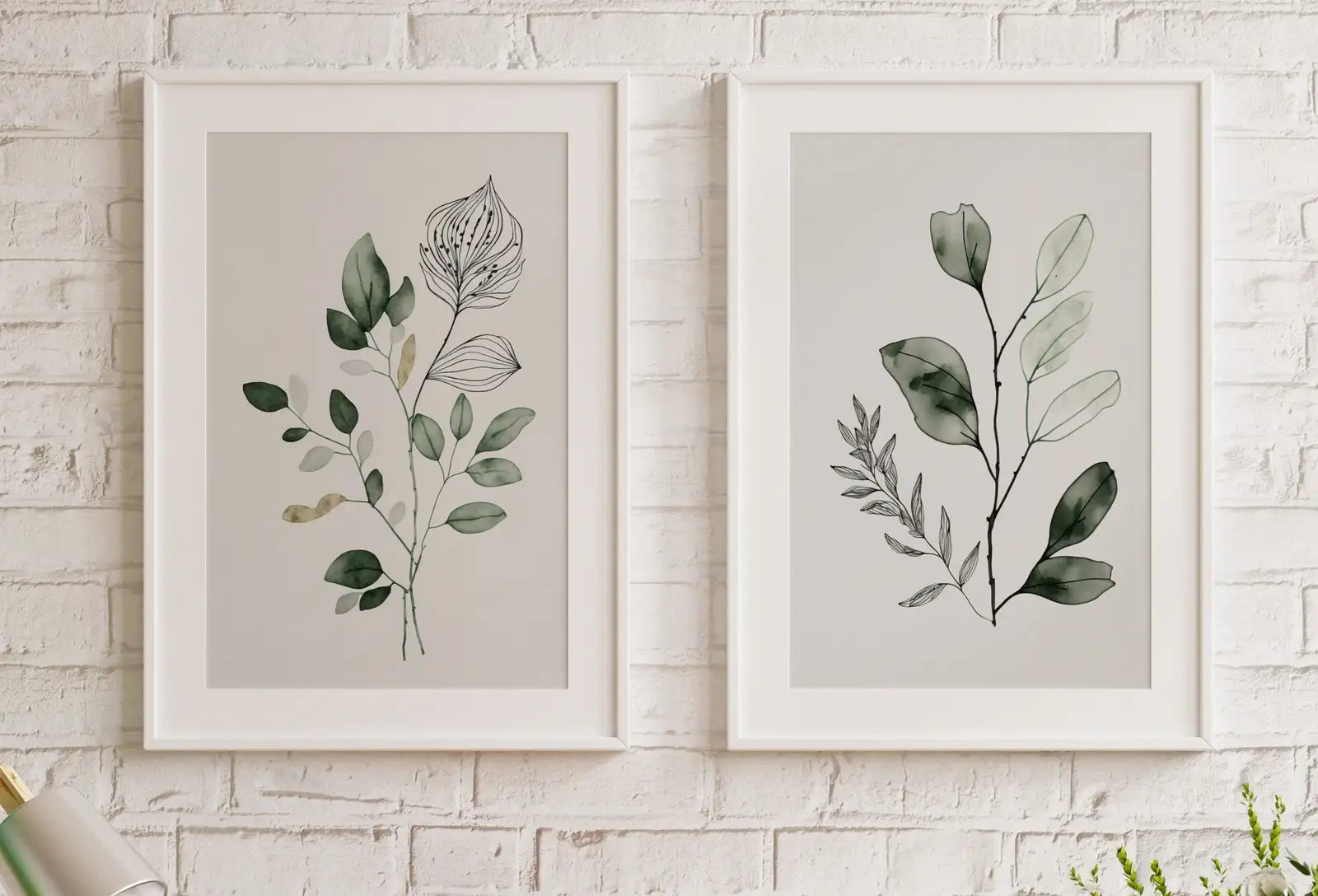Ensemble de 2 impressions botaniques. Art mural de galerie vert sauge à l’aquarelle. Art floral à imprimer, bouquet de fleurs sauvages. Impressions florales boho minimales