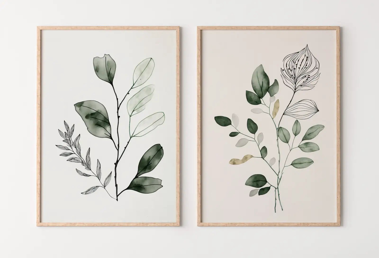 Ensemble de 2 impressions botaniques. Art mural de galerie vert sauge à l’aquarelle. Art floral à imprimer, bouquet de fleurs sauvages. Impressions florales boho minimales