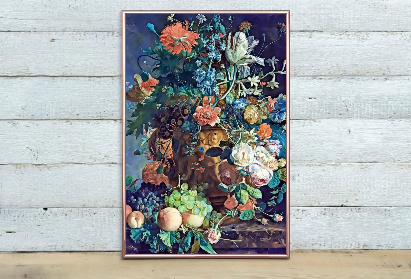 Detail view of artwork from Botanical Still Life Painting Printable Digital Wall Art, Flower Vase Still Art Vintage Print, Antique Retro Style Colorful Instant Download. (variation 1)