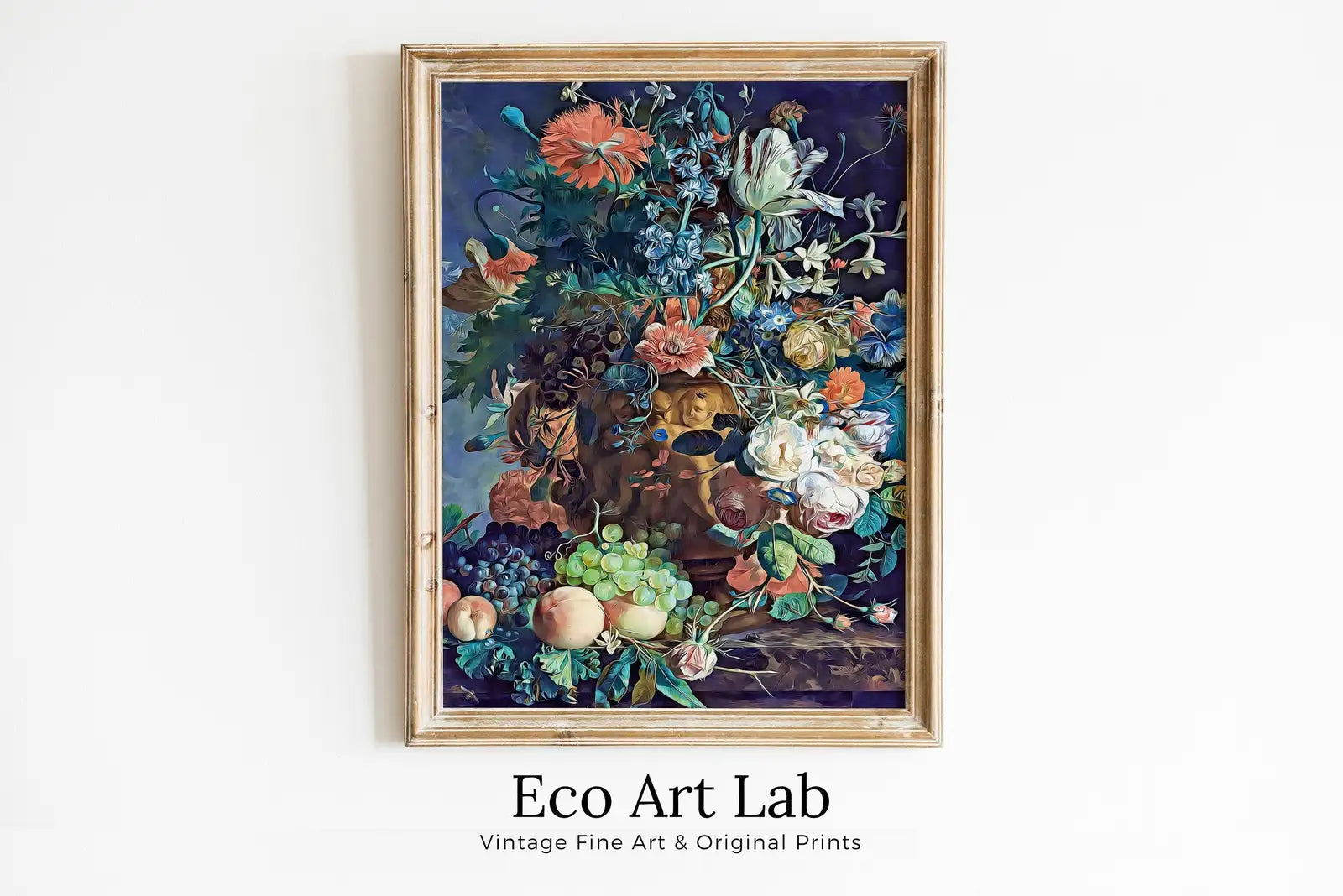 Framed view of Botanical Still Life Painting Printable Digital Wall Art, Flower Vase Still Art Vintage Print, Antique Retro Style Colorful Instant Download – printable wall art digital download.