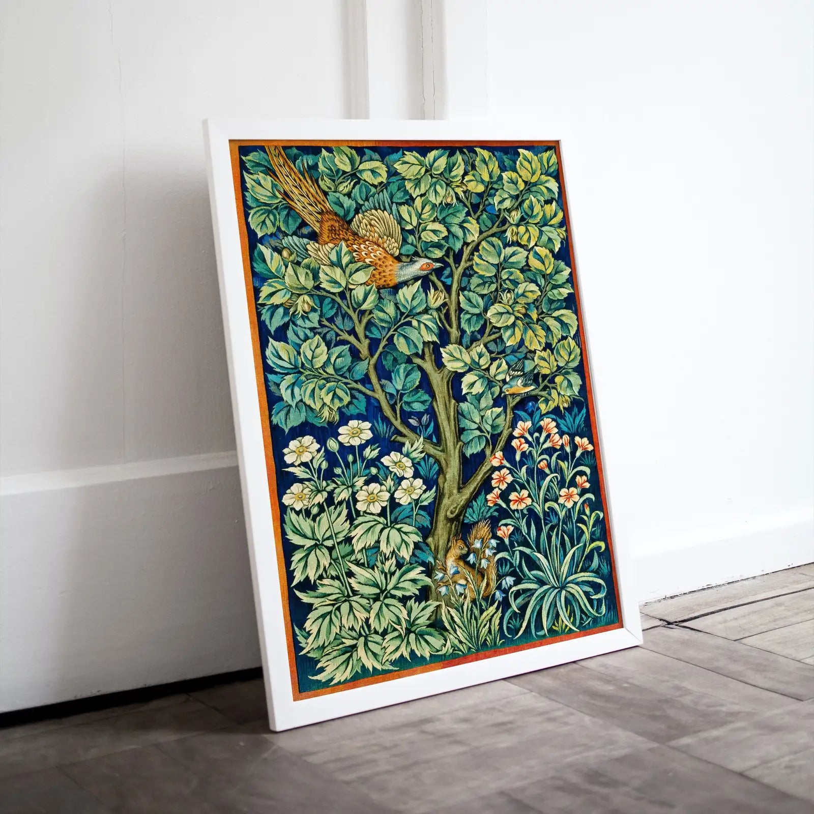 Detail view of artwork from Botanical Wall Art Poster, Vintage Floral Pattern Print. Wildlife Nature Art Nouveau Flowers Bird and Squirrel Digital Printable Wall Art.. (variation 1)