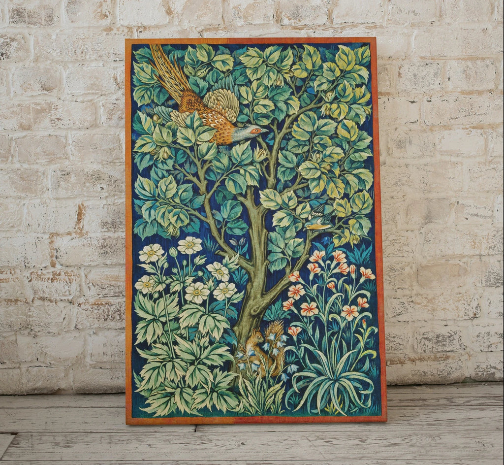 Detail view of artwork from Botanical Wall Art Poster, Vintage Floral Pattern Print. Wildlife Nature Art Nouveau Flowers Bird and Squirrel Digital Printable Wall Art.. (variation 2)