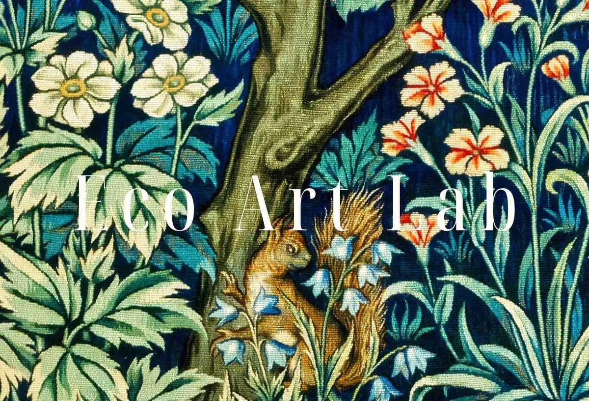 Botanical Wall Art Poster, Vintage Floral Pattern Print. Wildlife Nature Art Nouveau Flowers Bird and Squirrel Digital Printable Wall Art. – Printable Wall Art