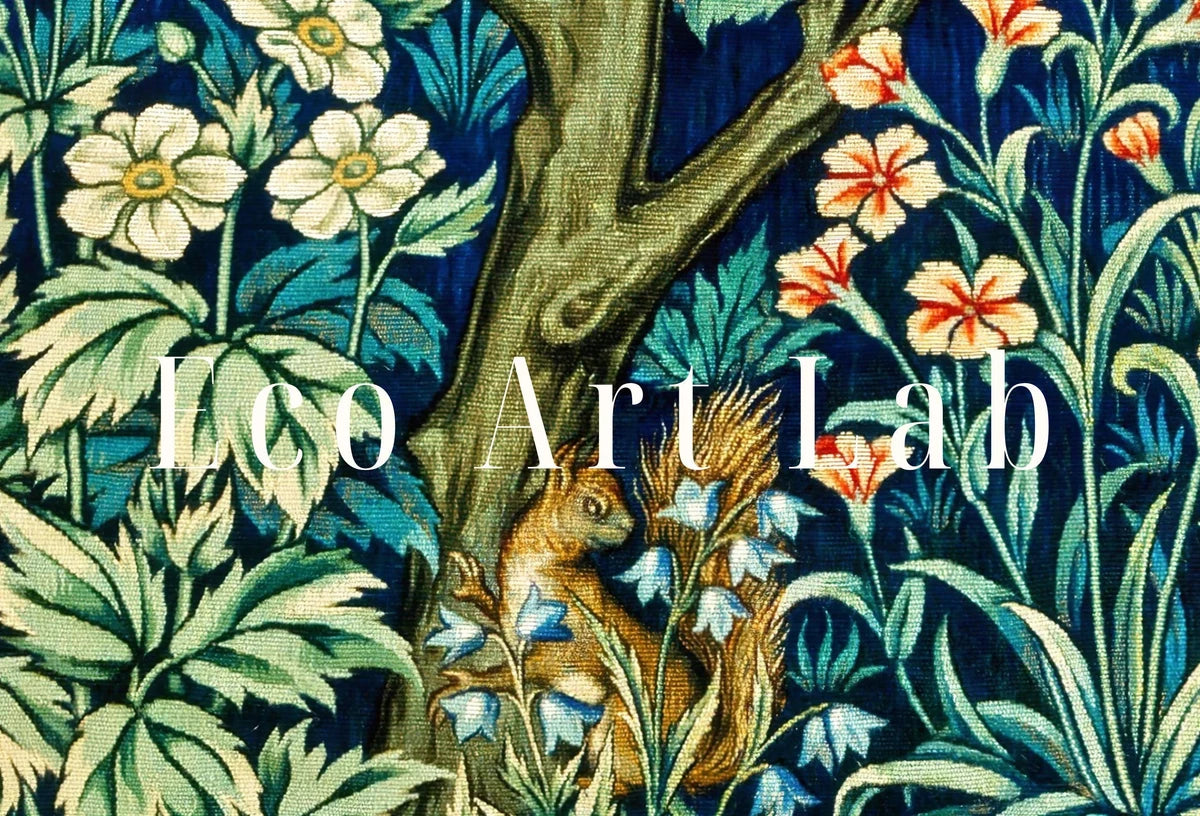Second included artwork preview from Botanical Wall Art Poster, Vintage Floral Pattern Print. Wildlife Nature Art Nouveau Flowers Bird and Squirrel Digital Printable Wall Art. featuring various scenes.