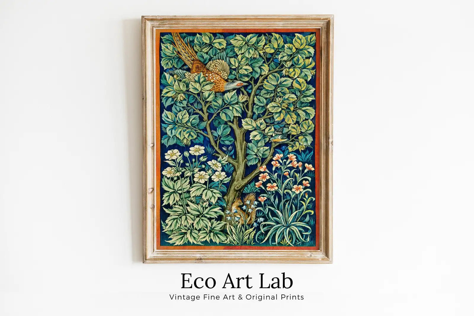 Framed view of Botanical Wall Art Poster, Vintage Floral Pattern Print. Wildlife Nature Art Nouveau Flowers Bird and Squirrel Digital Printable Wall Art. – printable wall art digital download.