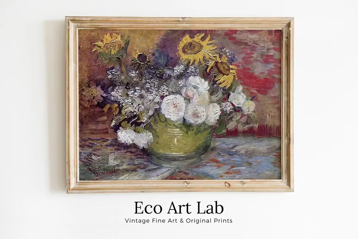 Bowl With Sunflowers & Roses Painting, Famous van Gogh Art Print. Instant Download Printable van Gogh Fine Art. Vintage Still Life Painting – Printable Wall Art