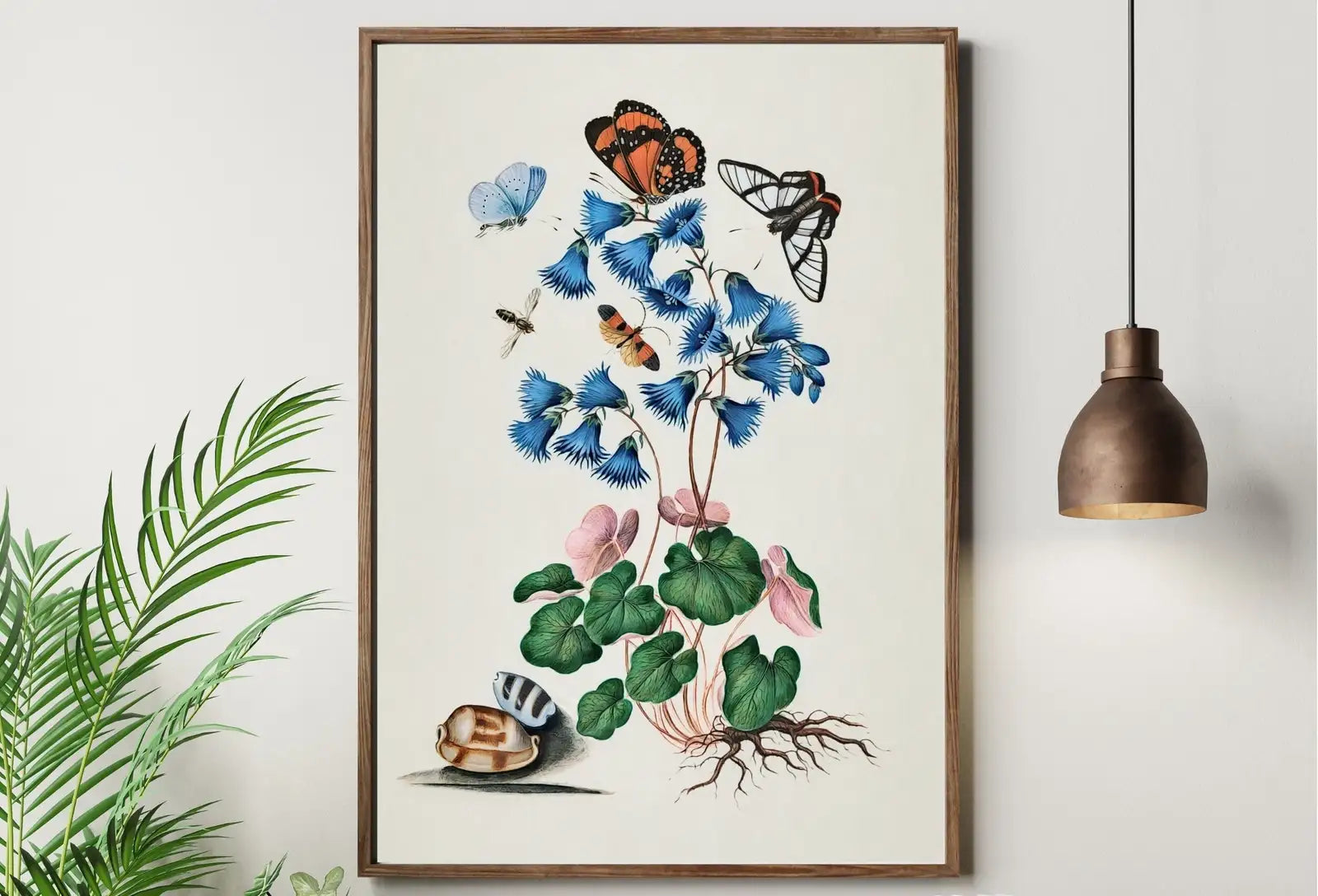 Detail view of artwork from Butterfly Flowers and Shells Wall Art Poster, Vintage Butterfly Print, Botanical Prints Decor Flower Market Print Digital Printable Wall Art. (variation 1)