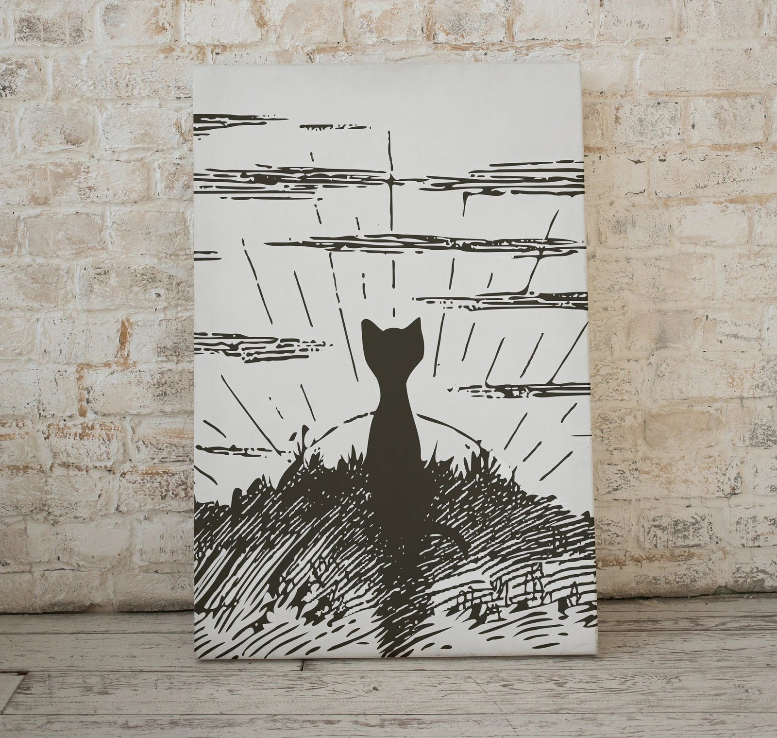 Detail view of artwork from Cat Watching Sunrise. Instant Download Cat Printable Wall Art. Vintage Illustration Wall Art. Retro Cat Poster. Cat Printable Vintage Decor. (variation 1)