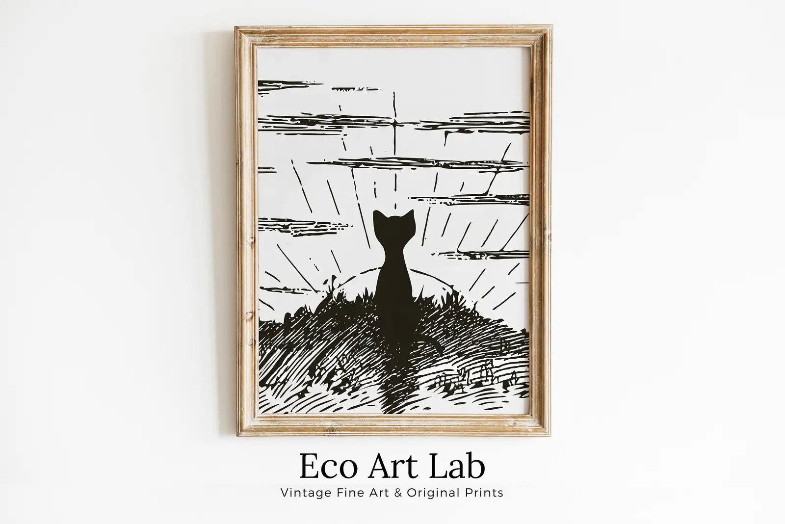Framed view of Cat Watching Sunrise. Instant Download Cat Printable Wall Art. Vintage Illustration Wall Art. Retro Cat Poster. Cat Printable Vintage Decor – printable wall art digital download.
