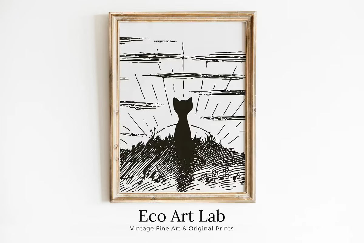 Cat Watching Sunrise. Instant Download Cat Printable Wall Art. Vintage Illustration Wall Art. Retro Cat Poster. Cat Printable Vintage Decor – Printable Wall Art
