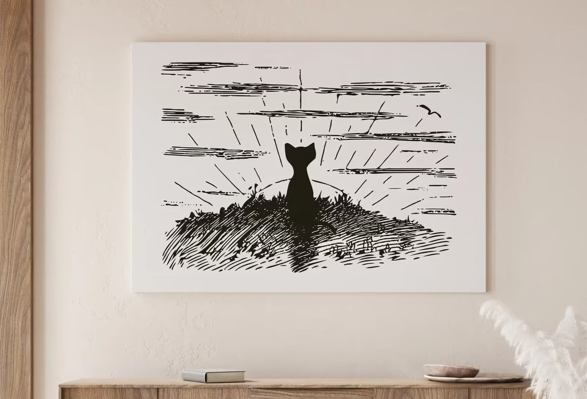 Cat Watching Sunrise Vintage Illustration Wall Art. Instant Download Cat Printable Wall Art. Retro Cat Poster. Cat Printable Vintage Decor – Printable Wall Art