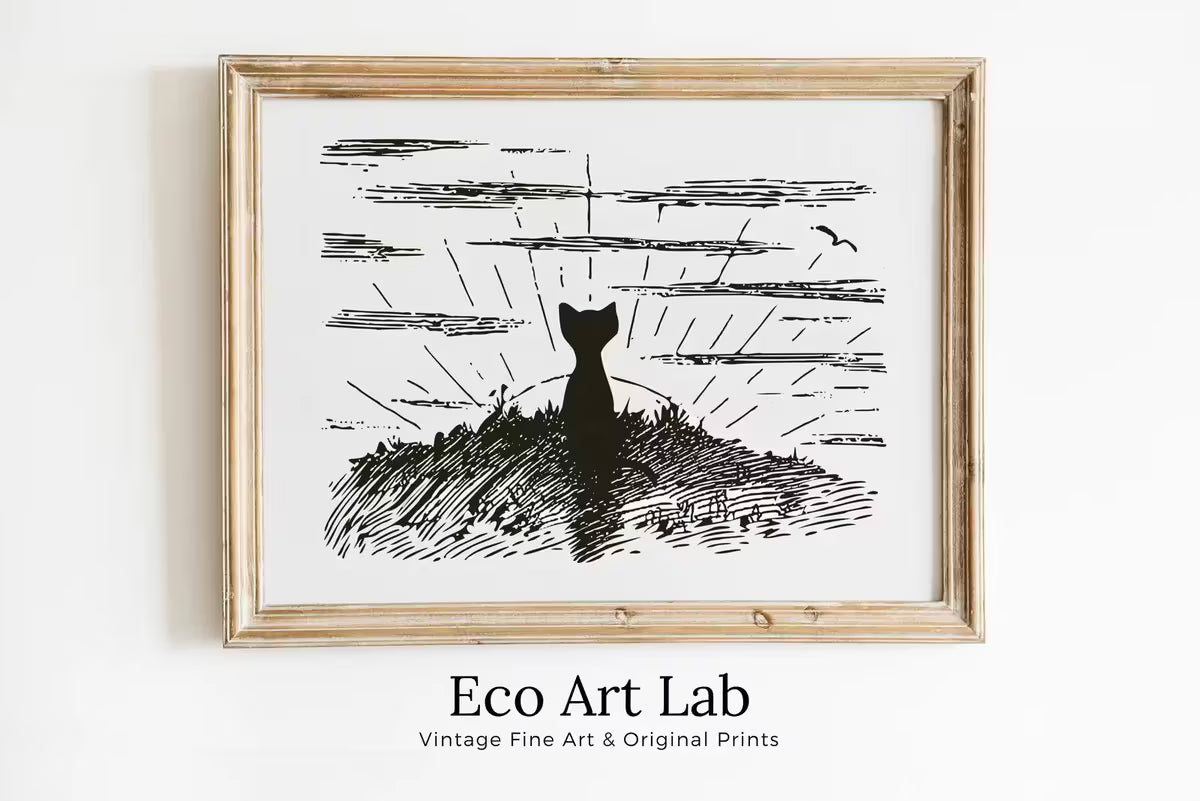 Cat Watching Sunrise Vintage Illustration Wall Art. Instant Download Cat Printable Wall Art. Retro Cat Poster. Cat Printable Vintage Decor – Printable Wall Art