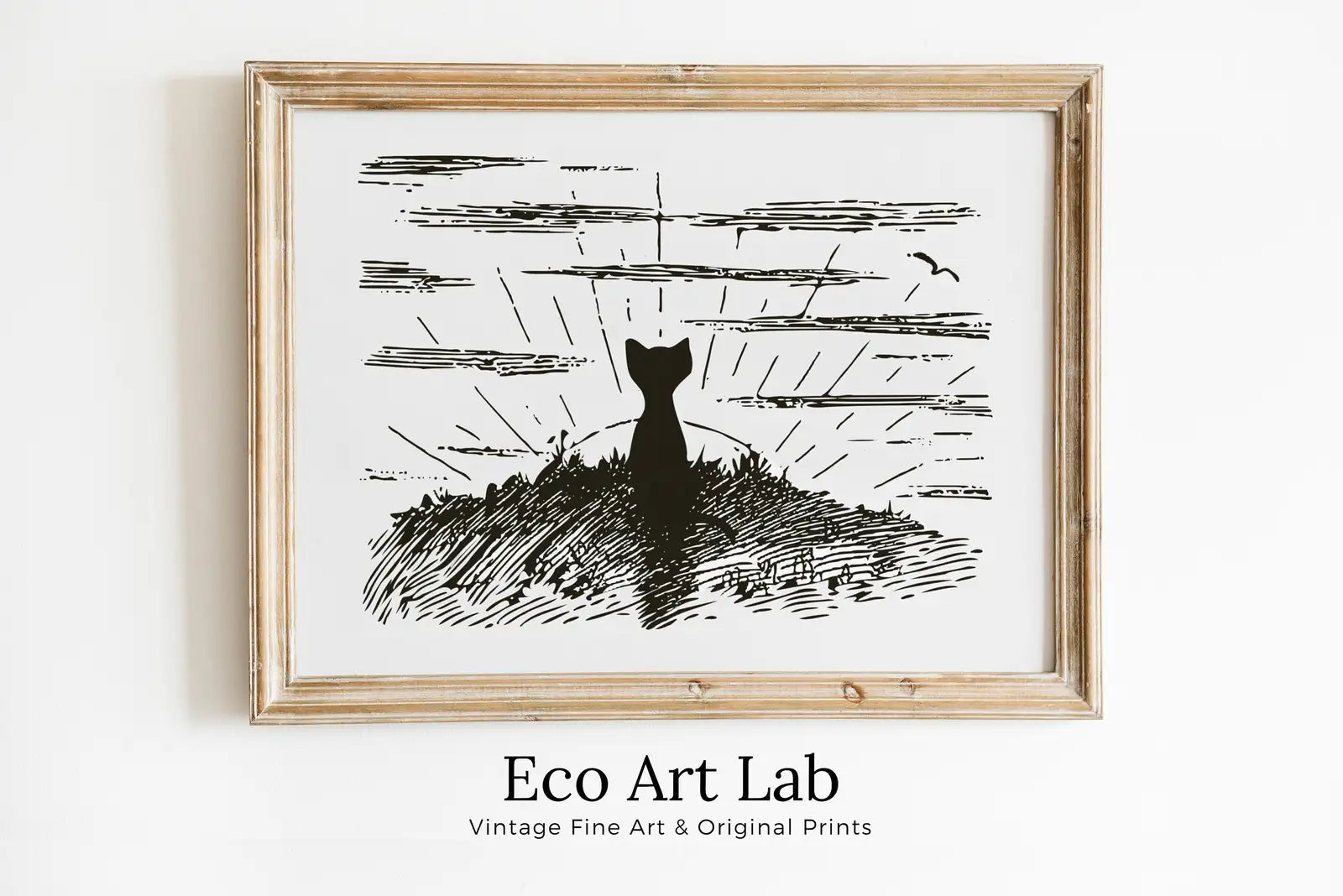 Framed view of Cat Watching Sunrise Vintage Illustration Wall Art. Instant Download Cat Printable Wall Art. Retro Cat Poster. Cat Printable Vintage Decor – printable wall art digital download.
