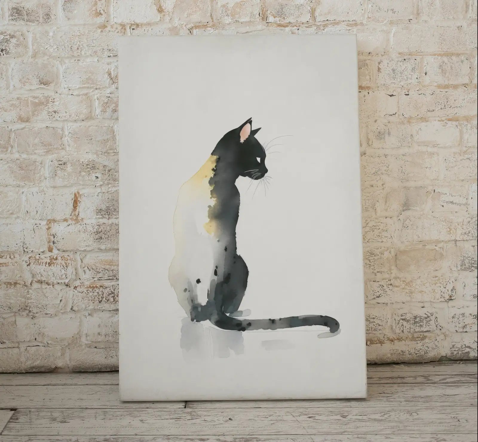 Detail view of artwork from Cat Watercolor Painting. Minimalist Cat Artwork. Printable. Black Cat Art. Instant Download Digital Print. Cat Lover Wall Art. Cat Poster.. (variation 1)