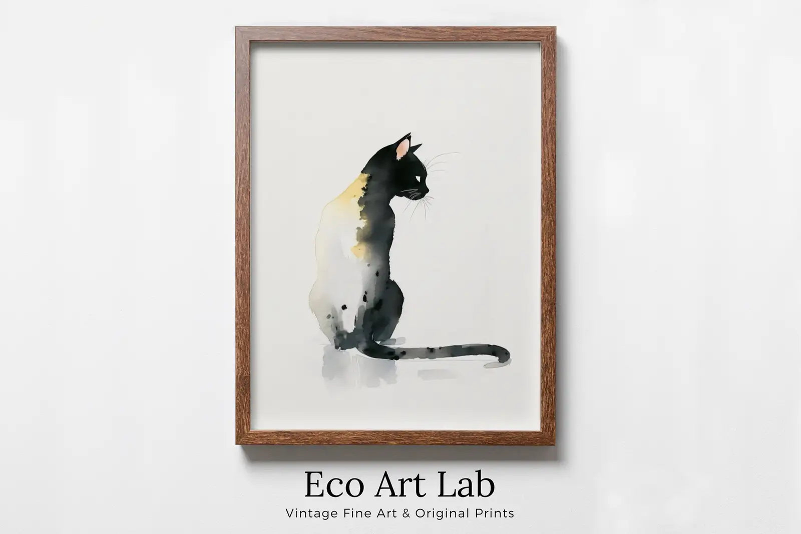 Framed view of Cat Watercolor Painting. Minimalist Cat Artwork. Printable. Black Cat Art. Instant Download Digital Print. Cat Lover Wall Art. Cat Poster. – printable wall art digital download.