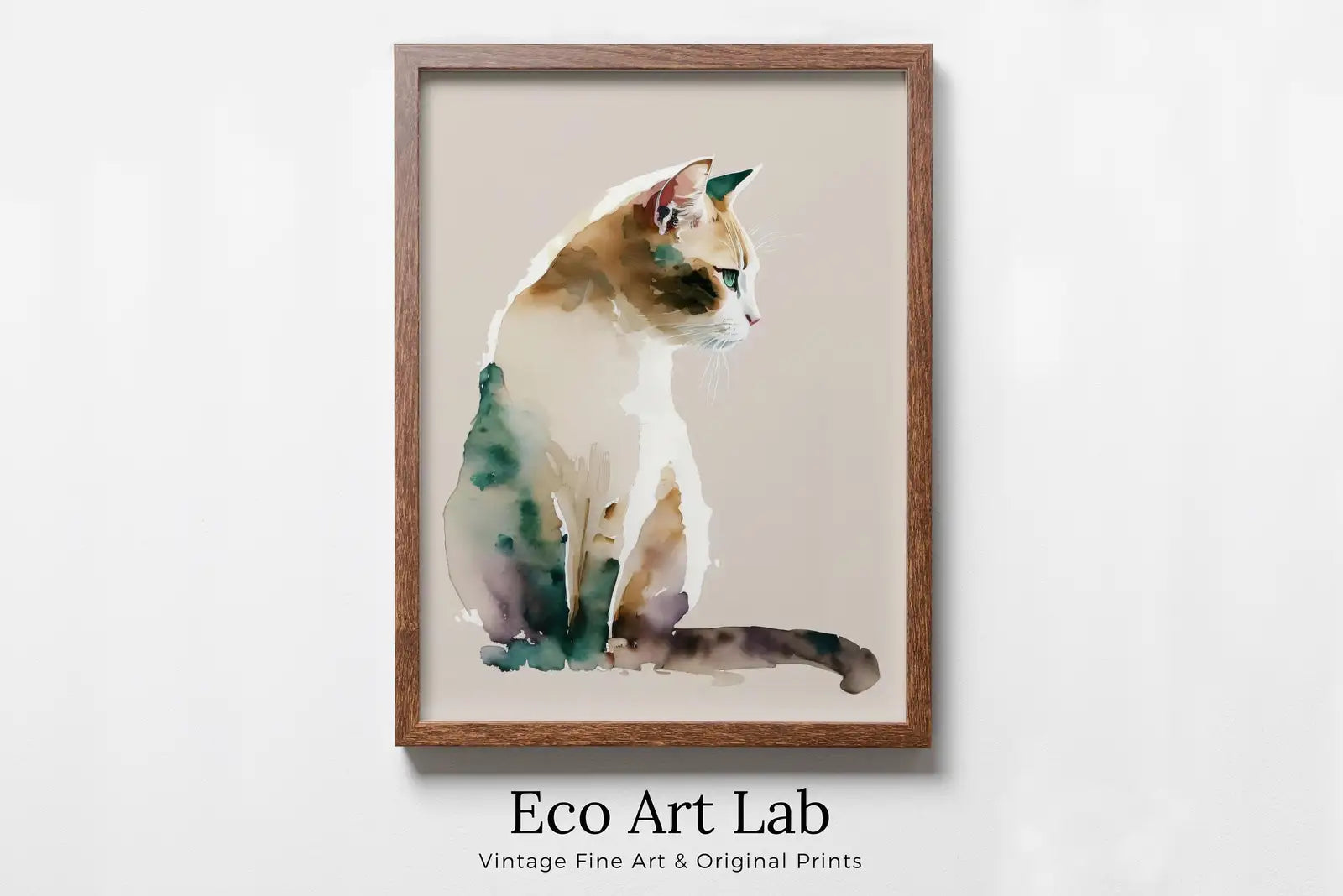 Framed view of Cat Watercolor Painting. Minimalist Cat Artwork. Printable. Colorful Cat Art. Instant Download Digital Print. Cat Lover Wall Art. Cat Poster – printable wall art digital download.