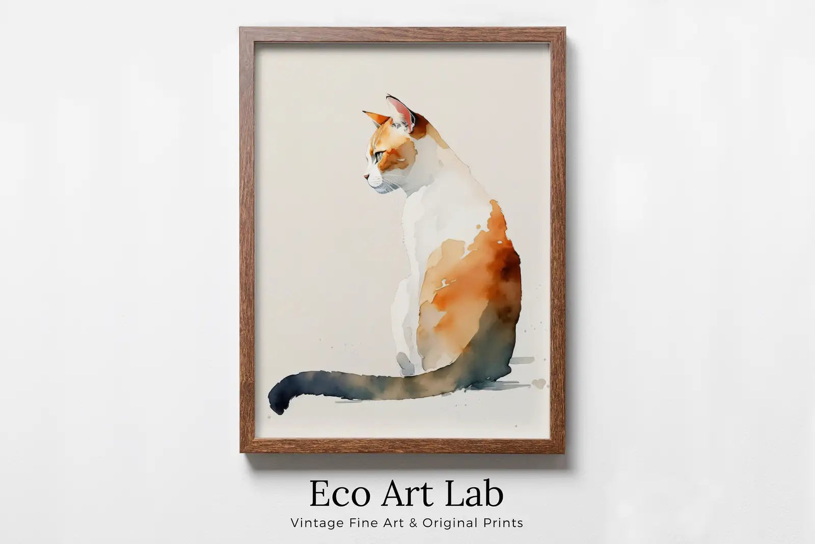 Framed view of Cat Watercolor Painting. Minimalist Cat Artwork. Printable. Orange Cat Art. Instant Download Digital Print. Cat Lover Wall Art. Cat Poster. – printable wall art digital download.