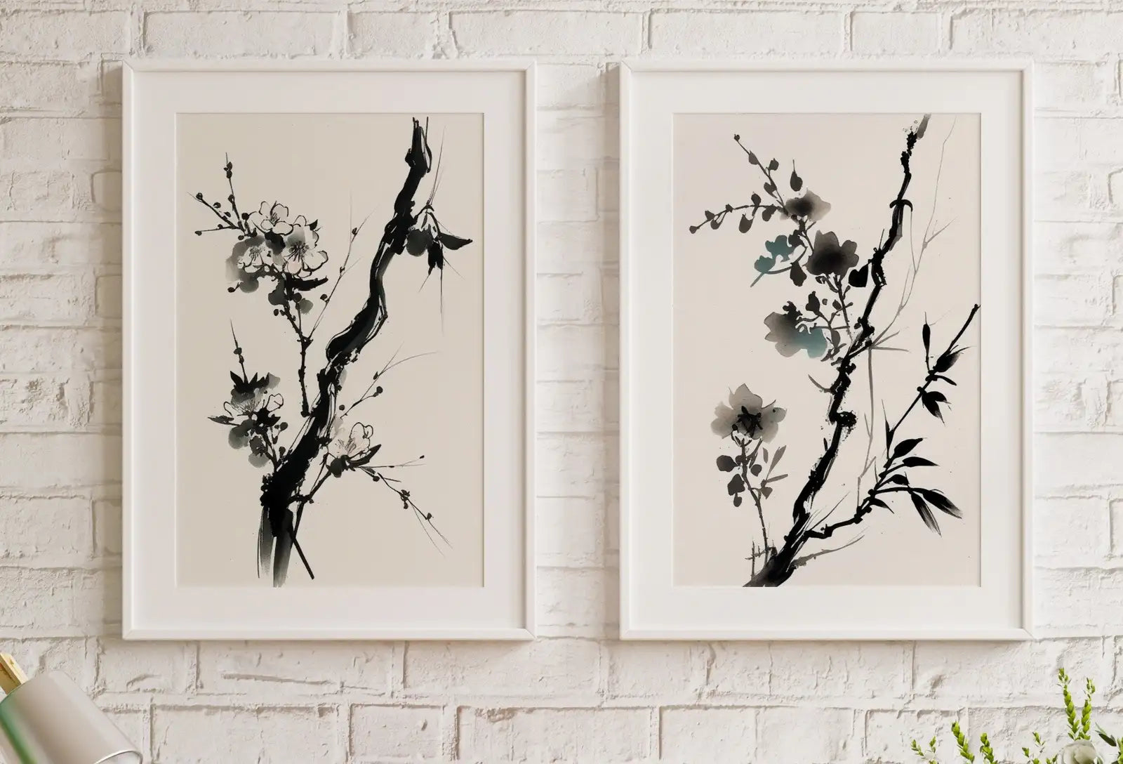 Ensemble de 2 peintures abstraites de branches d’arbre de cerisier en fleurs, art mural original minimaliste à télécharger, peinture florale en fleurs, décoration de salon