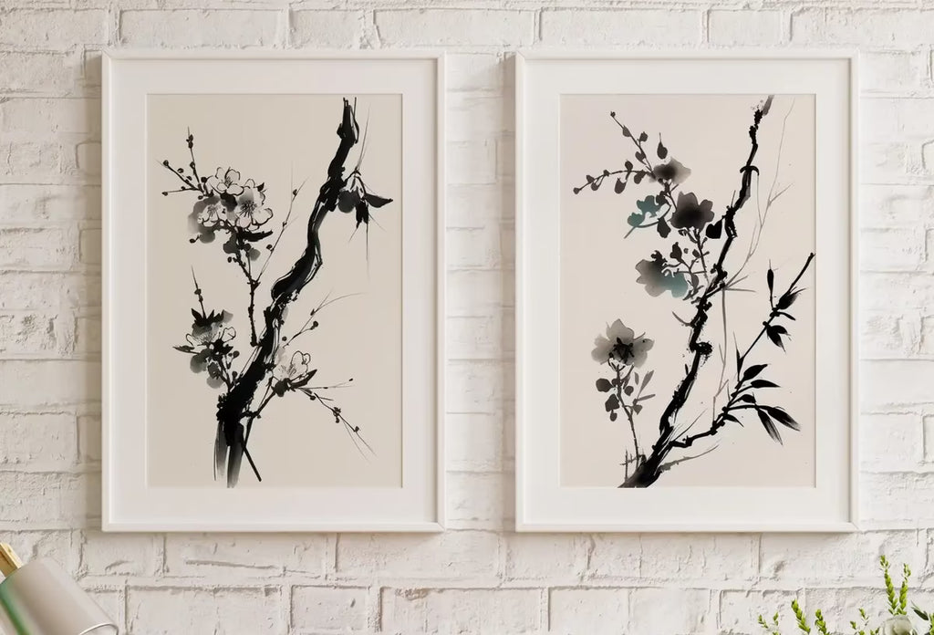 Cherry Blossom Set of 2 Tree Branch Abstract Paintings. Minimalist Original Printable Wall Art. Blooming Floral Painting. Living Room Decor – Printable Wall Art Set