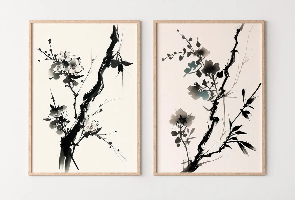 Detail view of artwork from Cherry Blossom Set of 2 Tree Branch Abstract Paintings. Minimalist Original Printable Wall Art. Blooming Floral Painting. Living Room Decor. (variation 1)