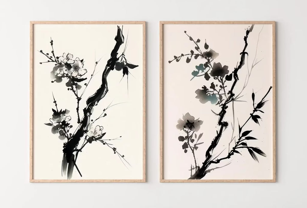 Cherry Blossom Set of 2 Tree Branch Abstract Paintings. Minimalist Original Printable Wall Art. Blooming Floral Painting. Living Room Decor – Printable Wall Art Set