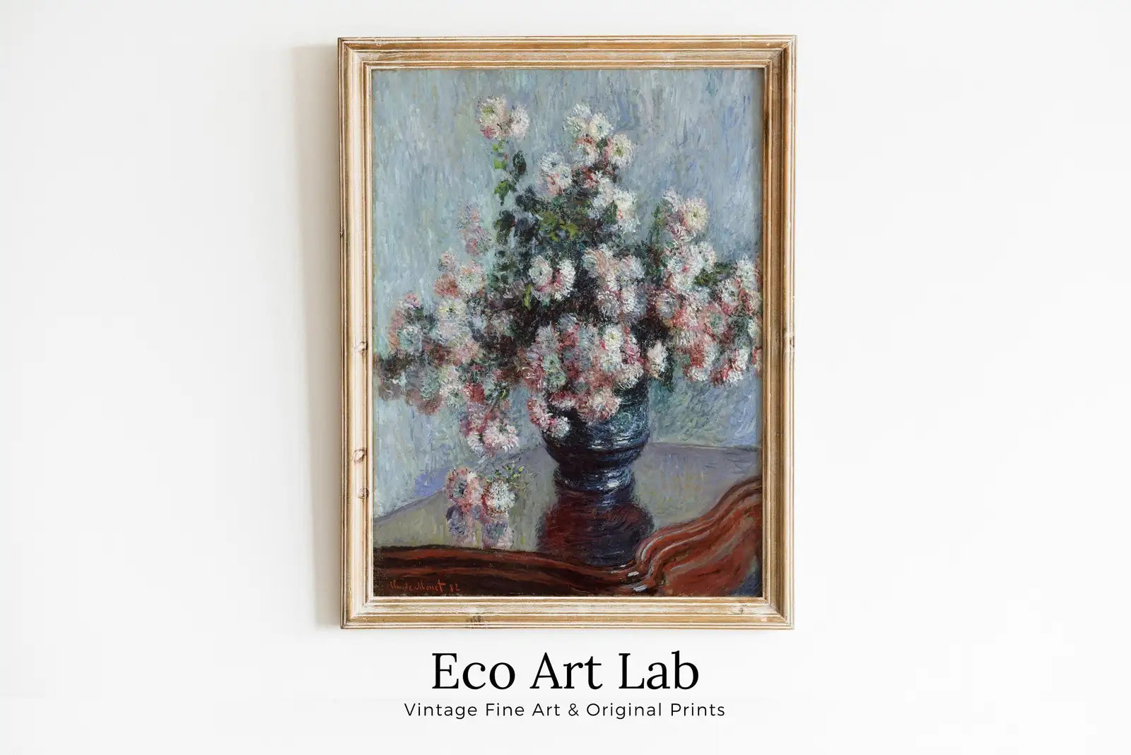 Framed view of Claude Monet Chrysanthemums Flowers Still Life Painting. Instant Download Vintage Decor. Monet Botanical Print Printable Art. Vintage Decor – printable wall art digital download.