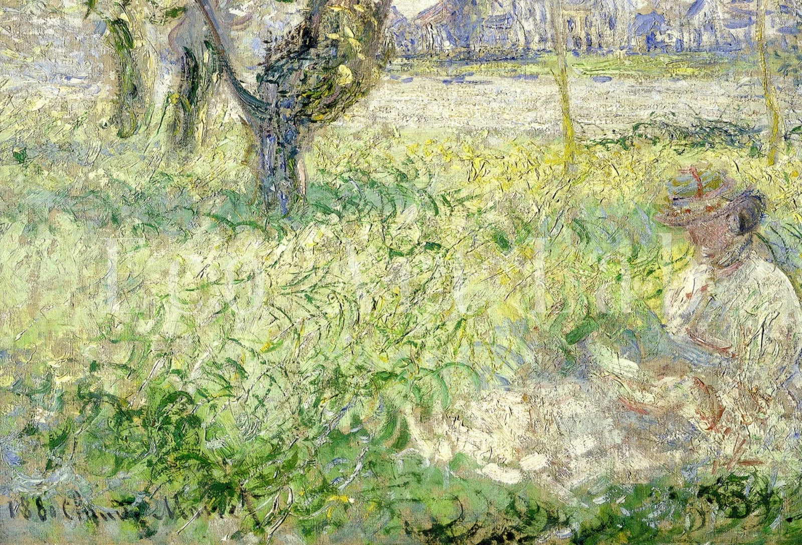 Detail view of artwork from Claude Monet Famous Landscape Painting. Woman Under Willows. Vintage Fine Art. Instant Download. Landscape Printable Wall Art. Spring Decor. (variation 1)