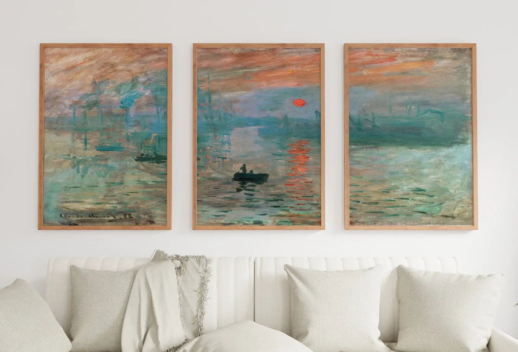 Framed view of Claude Monet Famous Sunrise Painting. Set of 3 Prints. Instant Download Vintage Painting. 3 Piece Wall Art. Printable Fine Art Prints – printable wall art digital download.
