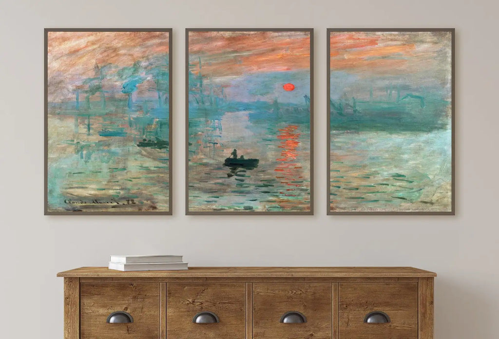 Included artwork preview showing first selection of artworks from Claude Monet Famous Sunrise Painting. Set of 3 Prints. Instant Download Vintage Painting. 3 Piece Wall Art. Printable Fine Art Prints.