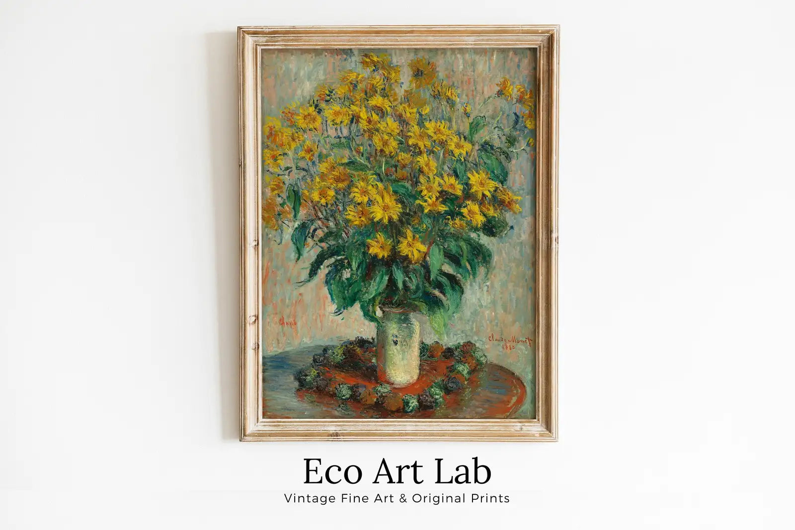 Framed view of Claude Monet Jerusalem Artichoke Flowers Still Life Painting. Instant Download Vintage Decor. Monet Botanical Vintage Print. Printable Art – printable wall art digital download.
