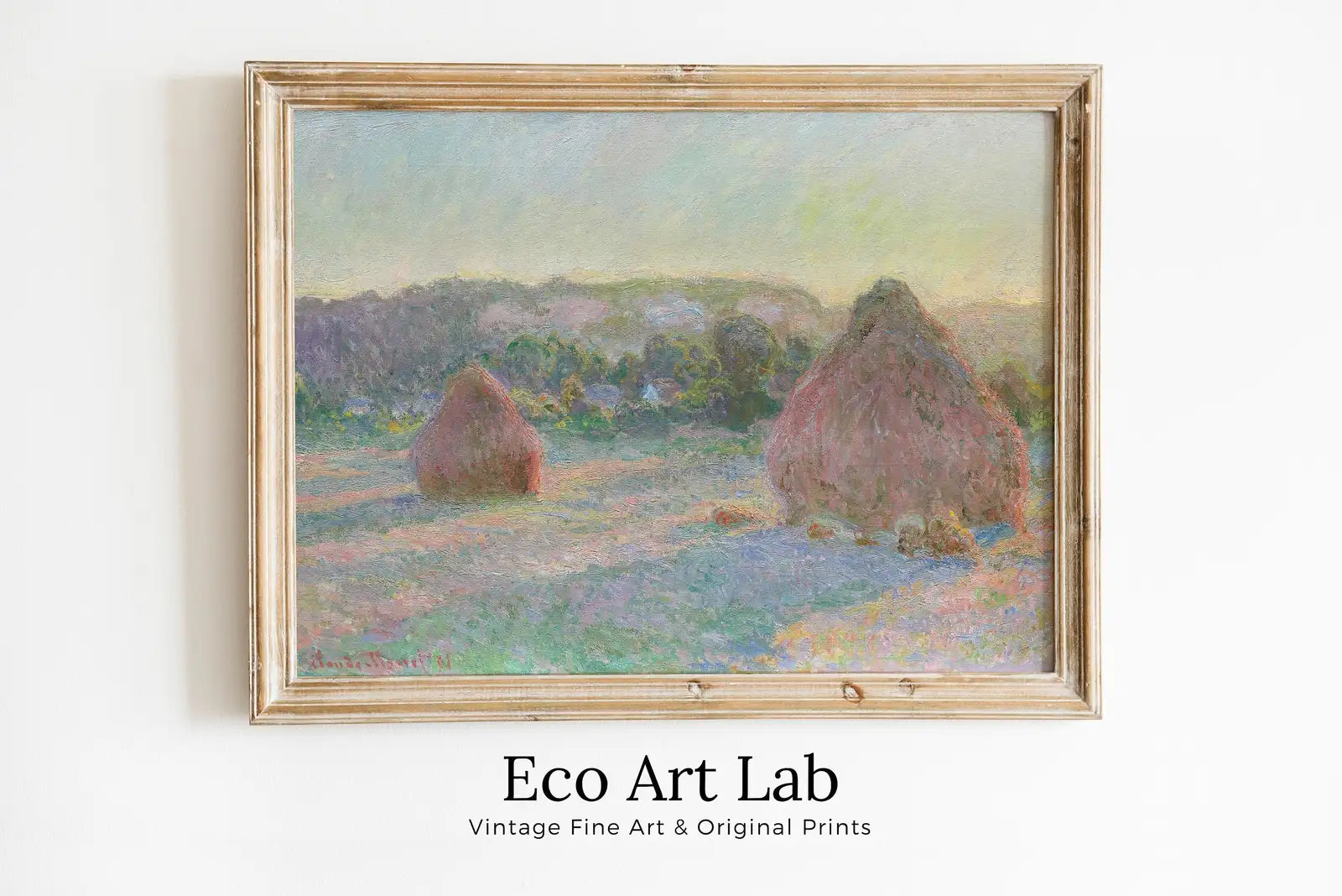 Framed view of Claude Monet Stacks of Wheat Painting Famous Monet Art. Instant Download Vintage Decor. Monet Landscape Printable Wall Art. Vintage Decor – printable wall art digital download.