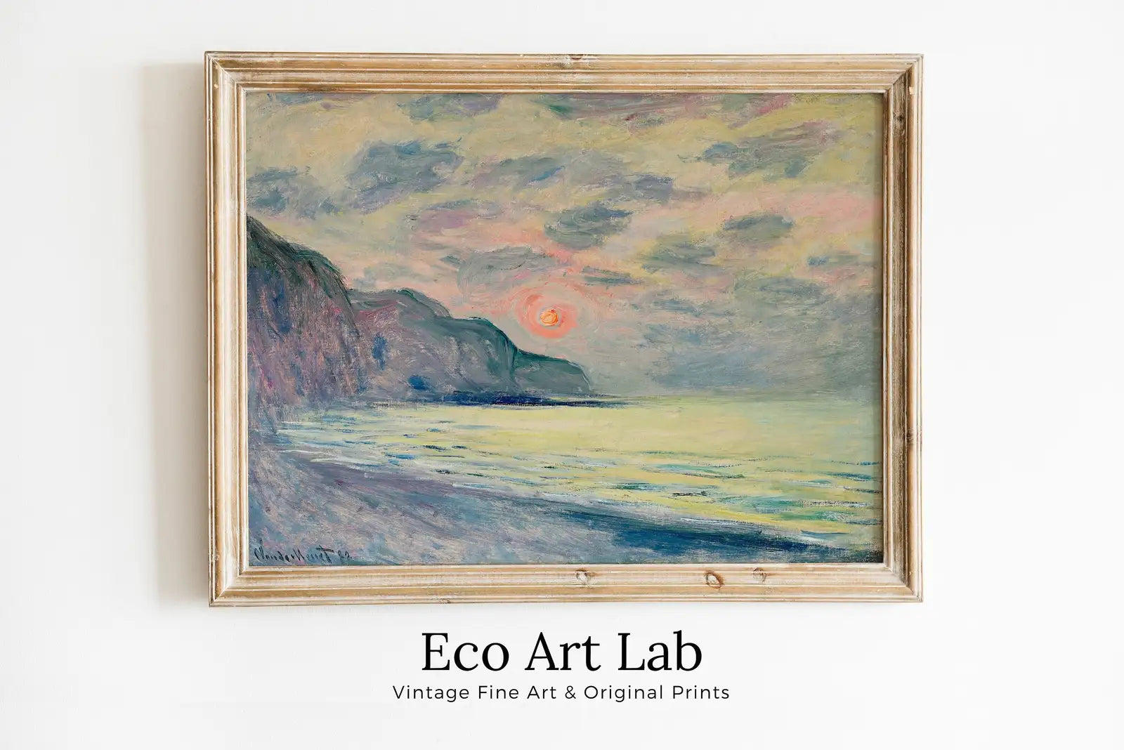 Framed view of Claude Monet Sunset Seascape Painting. Printable Wall Art. Vintage Ocean Oil Painting. Instant Download Coastal Print. Nautical Decor Print – printable wall art digital download.