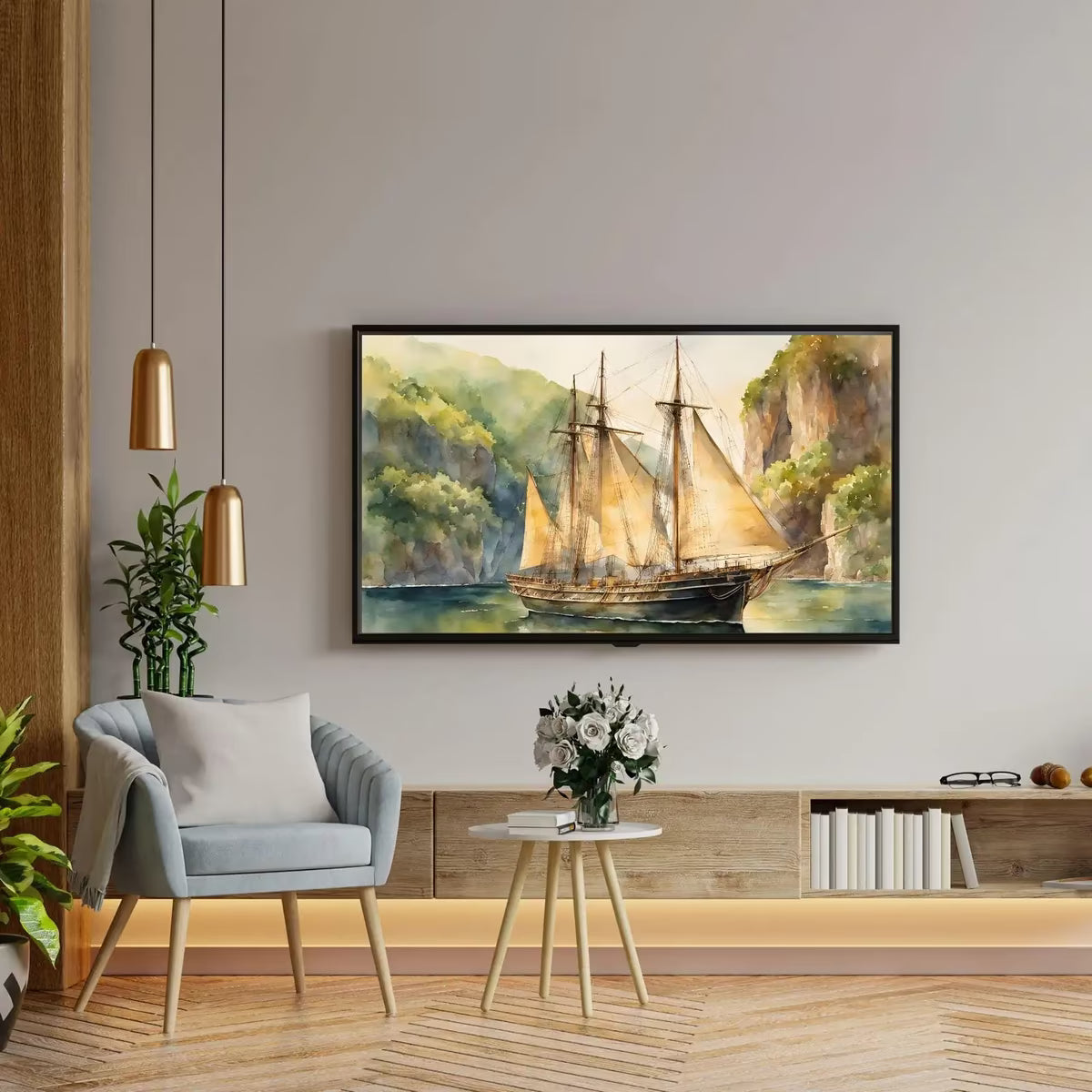 Coastal Decor For Frame TV Art. Nautical Theme Watercolor Ocean Artwork. Vintage Marine Ship Wall Art Digital Print – Frame TV  Art
