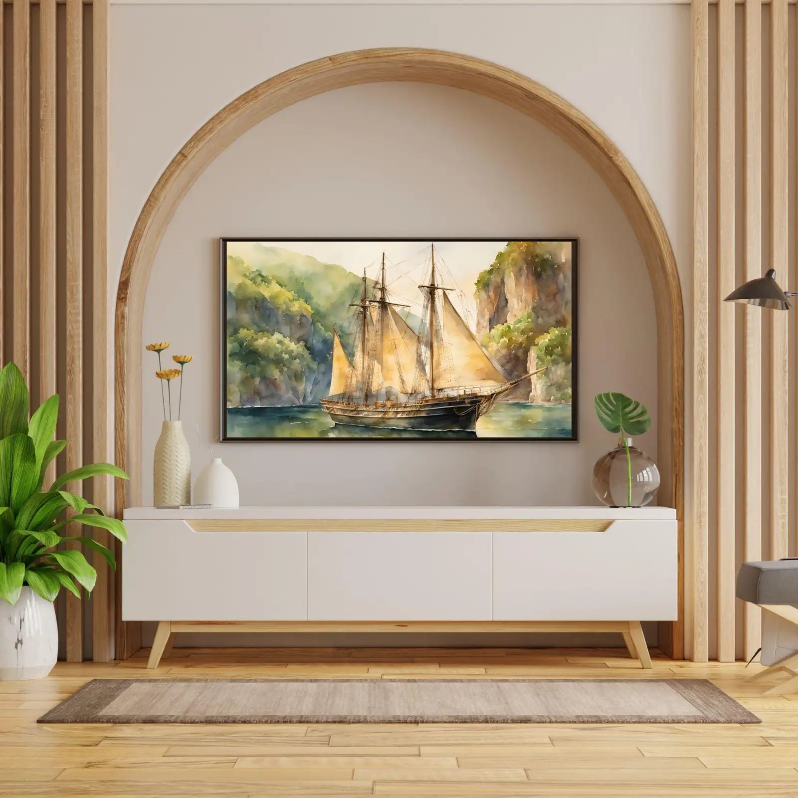 Coastal Decor For Frame TV Art. Nautical Theme Watercolor Ocean Artwork. Vintage Marine Ship Wall Art Digital Print – Frame TV Digital Download Art – Digital Download