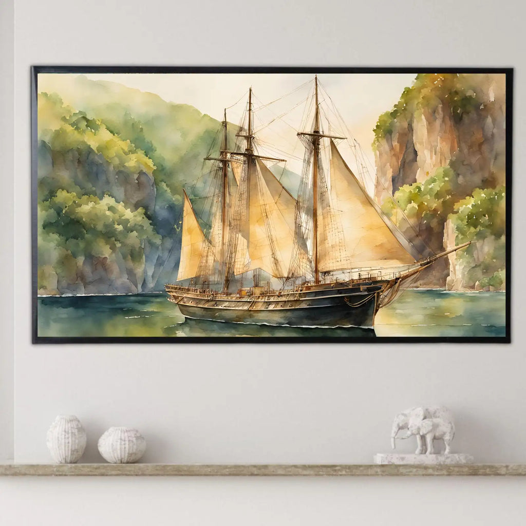 Coastal Decor For Frame TV Art. Nautical Theme Watercolor Ocean Artwork. Vintage Marine Ship Wall Art Digital Print – Frame TV Digital Download Art – Digital Download