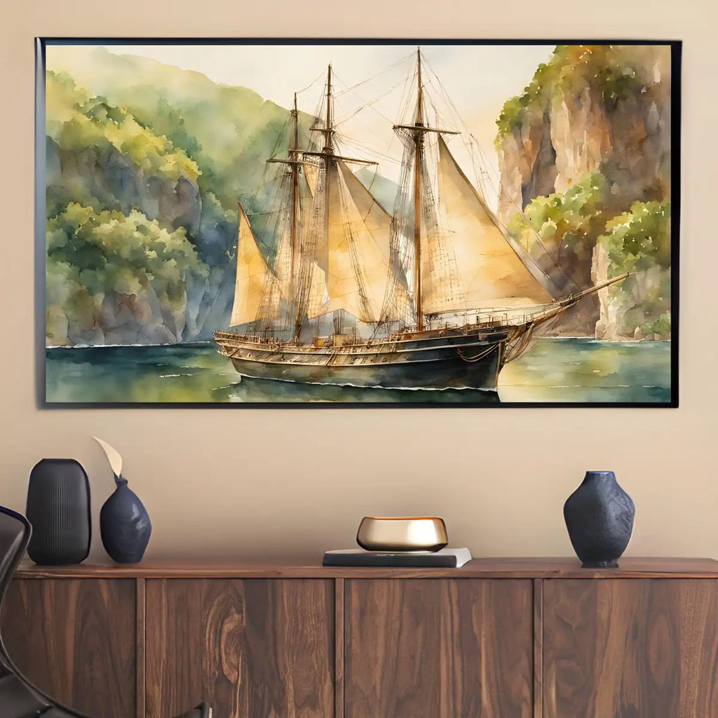 Coastal Decor For Frame TV Art. Nautical Theme Watercolor Ocean Artwork. Vintage Marine Ship Wall Art Digital Print – Frame TV Digital Download Art – Digital Download
