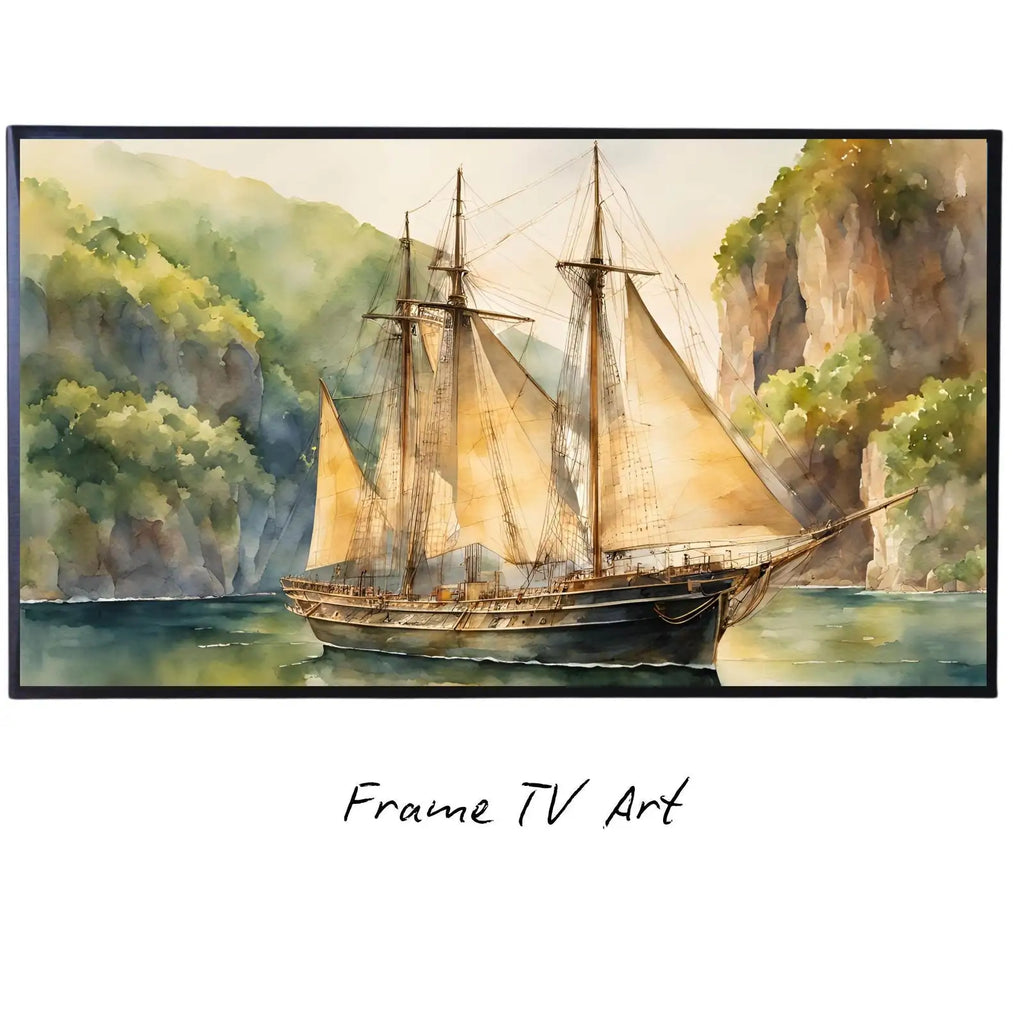 Coastal Decor For Frame TV Art. Nautical Theme Watercolor Ocean Artwork. Vintage Marine Ship Wall Art Digital Print – Frame TV Digital Download Art – Digital Download