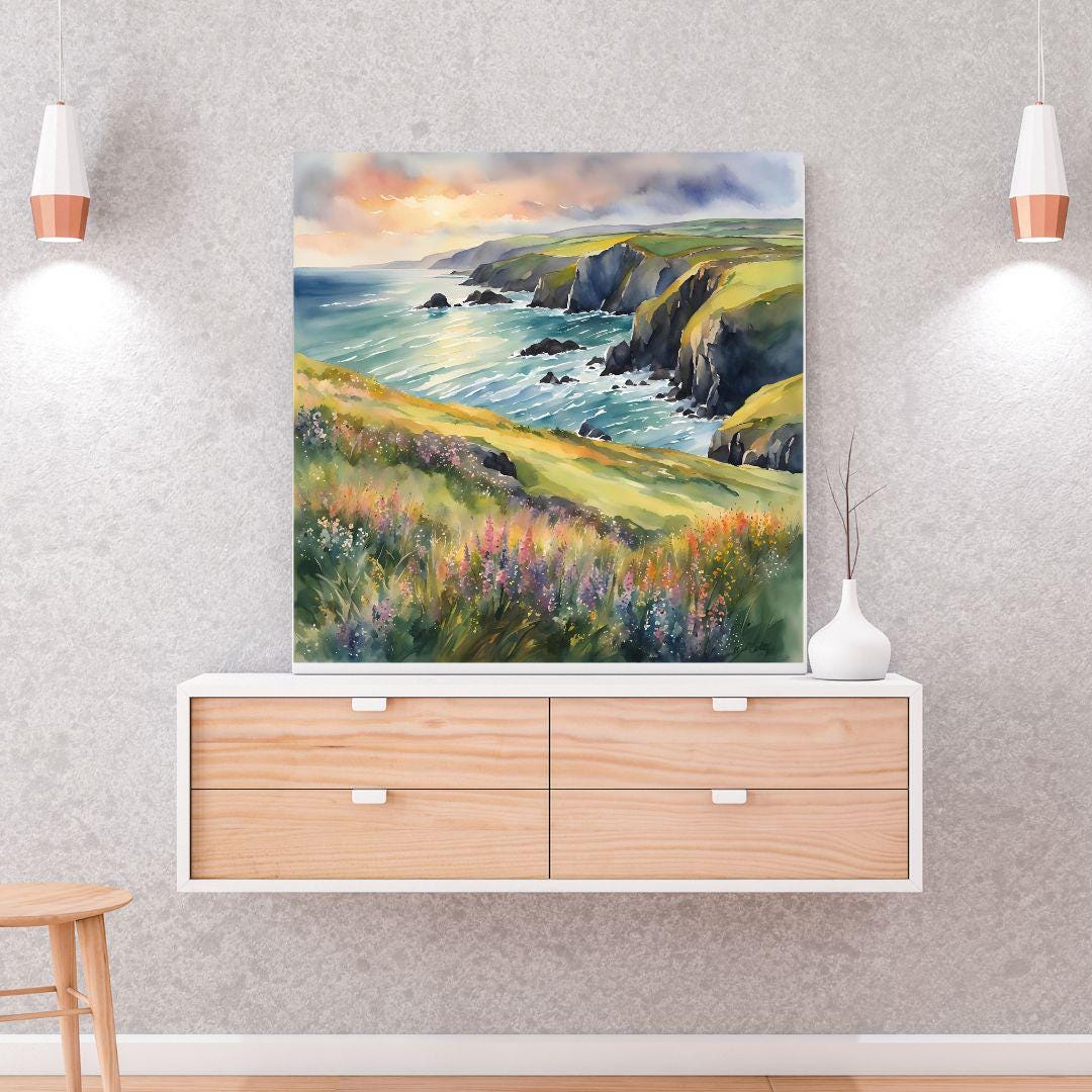 Coastal Painting Wall Art I Wildflower Watercolor Home Decor I Cliff Landscape Printable Square Art – Printable Wall Art Digital Download – Digital Download