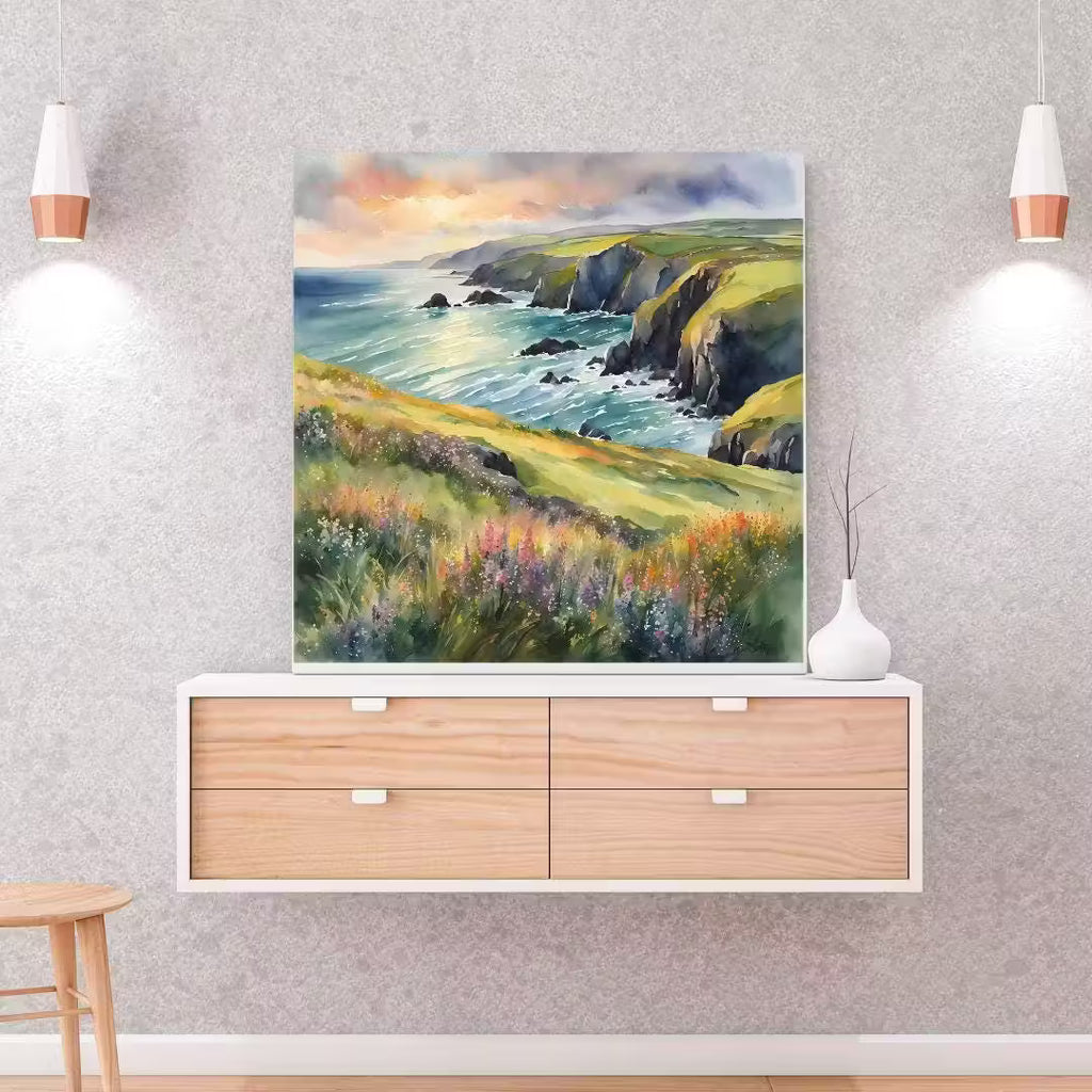 Coastal Painting Wall Art I Wildflower Watercolor Home Decor I Cliff Landscape Printable Square Art – Printable Wall Art
