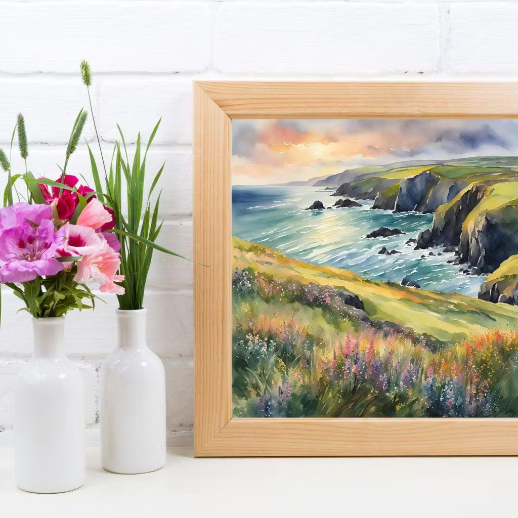 Coastal Painting Wall Art I Wildflower Watercolor Home Decor I Cliff Landscape Printable Square Art – Printable Wall Art