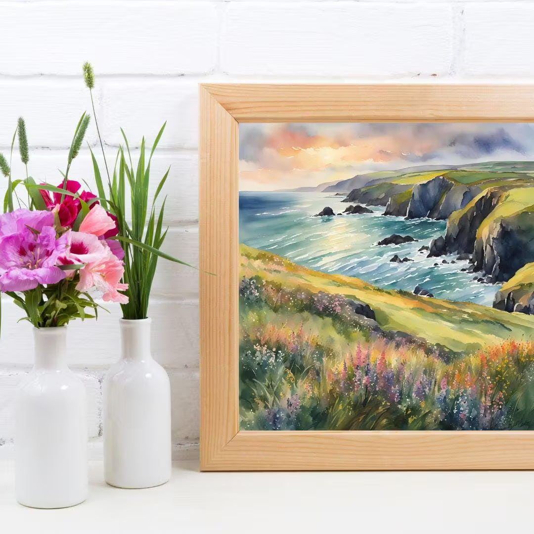 Coastal Painting Wall Art I Wildflower Watercolor Home Decor I Cliff Landscape Printable Square Art – Printable Wall Art