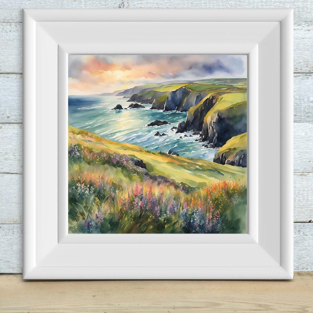 Detail view of artwork from Coastal Painting Wall Art I Wildflower Watercolor Home Decor I Cliff Landscape Printable Square Art. (variation 2)