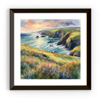 Framed view of Coastal Painting Wall Art I Wildflower Watercolor Home Decor I Cliff Landscape Printable Square Art – printable wall art digital download.