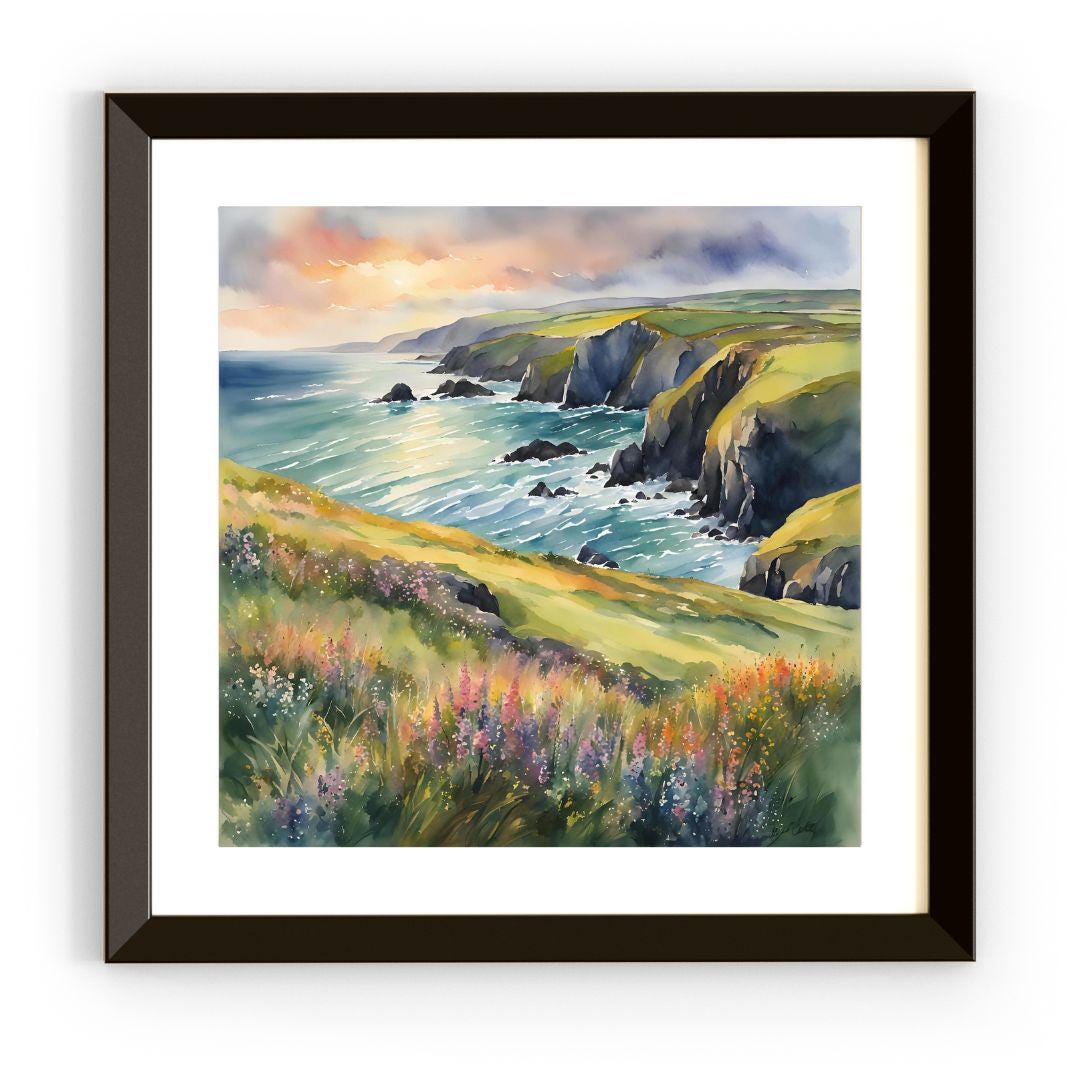 Coastal Painting Wall Art I Wildflower Watercolor Home Decor I Cliff Landscape Printable Square Art – Printable Wall Art Digital Download – Digital Download