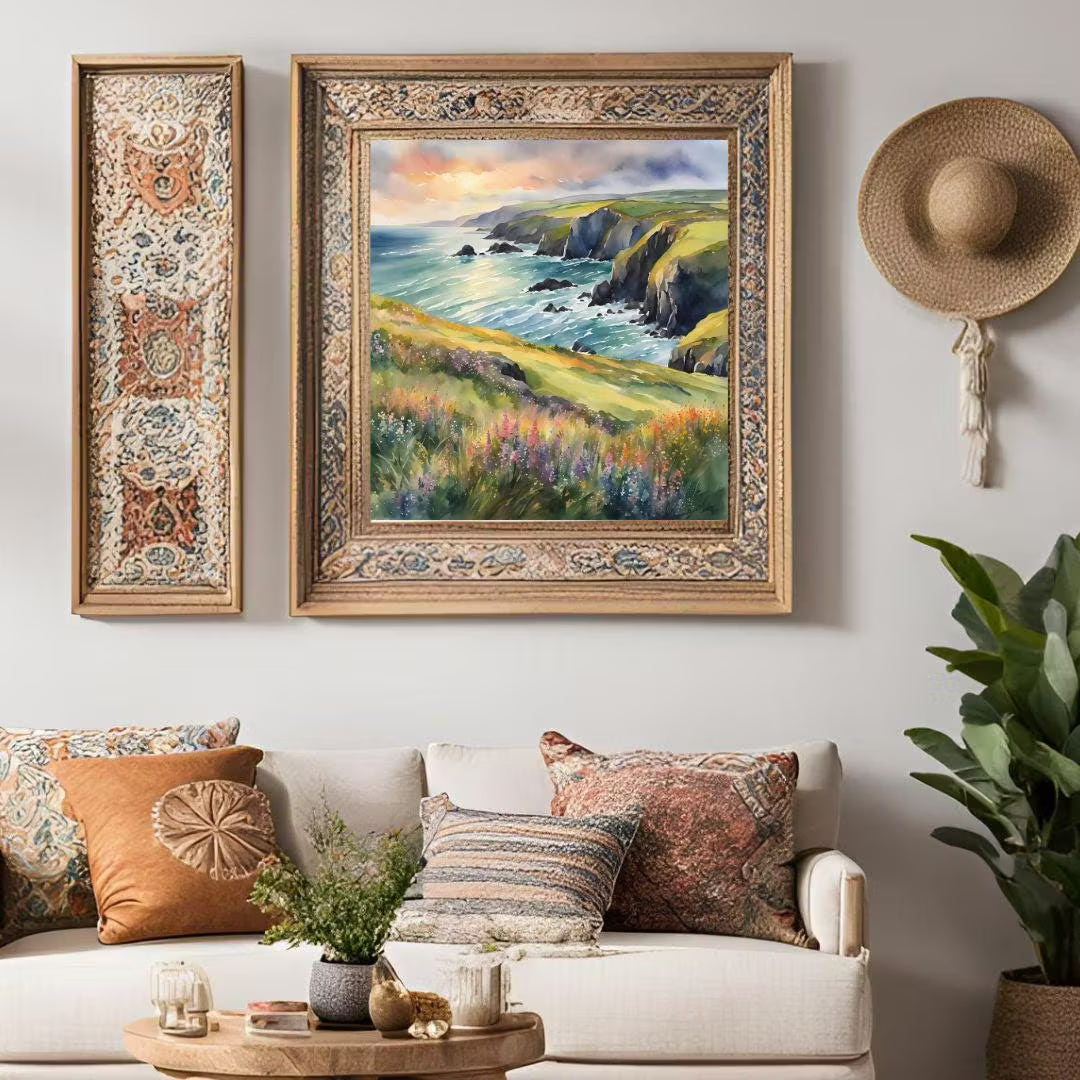 Coastal Painting Wall Art I Wildflower Watercolor Home Decor I Cliff Landscape Printable Square Art – Printable Wall Art